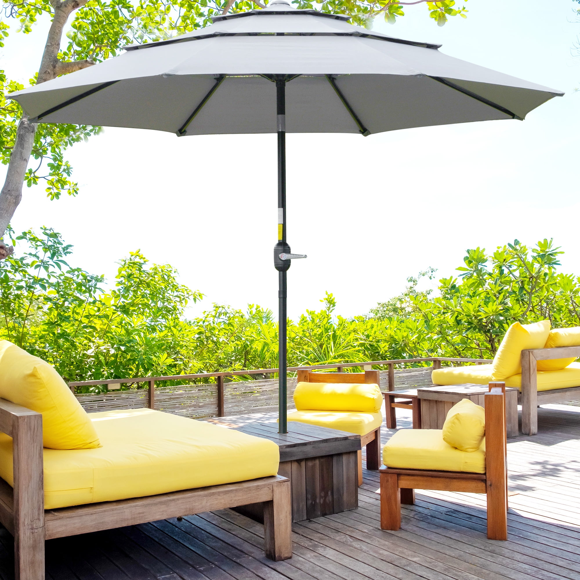 Outsunny 9FT 3 Tiers Patio Umbrella Outdoor Market Umbrella with Crank, Push Button Tilt for Deck, Backyard and Lawn, Dark Gray