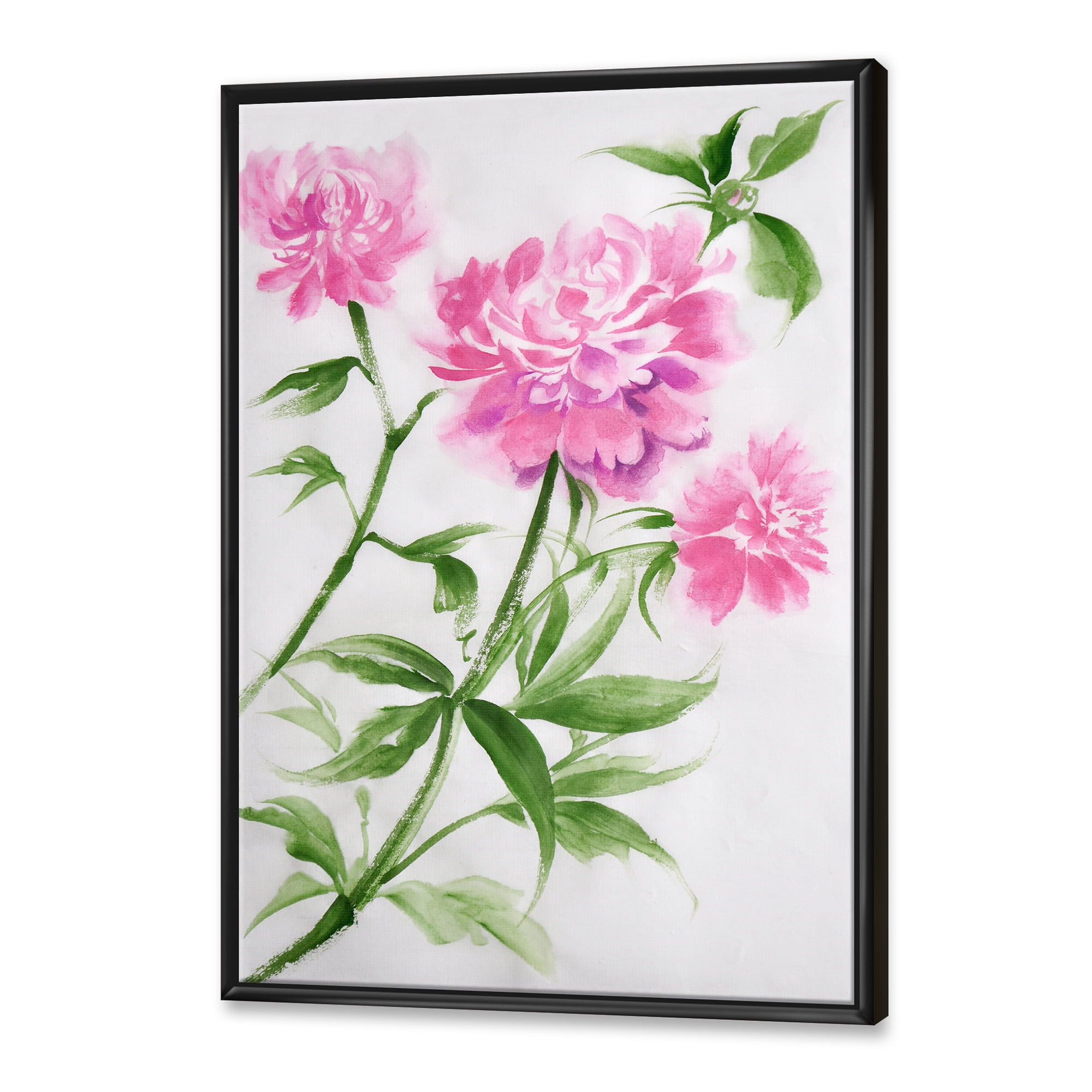 Designart 'Purple Peonies With Green Bush II' Traditional Framed Canvas Wall Art Print