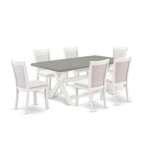 East West Furniture 7-Pc Modern Dining Set Consists of a Dining Room Table and 6 Cream Linen Fabric Upholstered Chairs with Stylish Back - Wire Brushed Linen White Finish