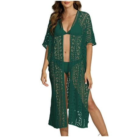 Virmaxy Womens Cover Ups Alluring One Neck Cutout Woven Shirt Beach Bikini Cover Ups Alluring One Line Neckline Hollowed Out Woven Shirt Beach Bikini Cover Up Green One Size