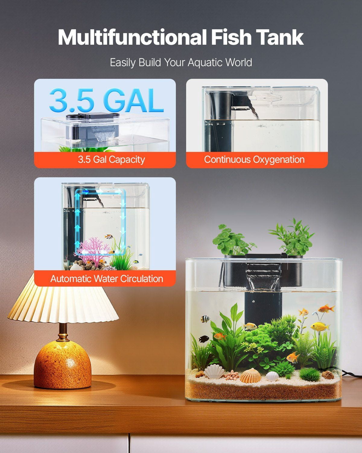 3.5 Gallon Fish Tank Aquarium with Smart Arch Design, Clear HD GPPS Material, 3-Color Adjustable LED Lighting, Self-Cleaning System, Oxygenation, Water Circulation, Hydroponic Plant Tray