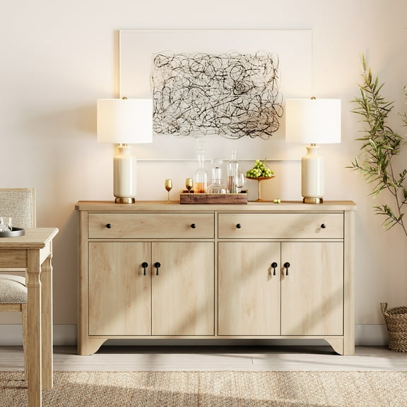 WAMPAT Kitchen Buffet Cabinet Cabinet with 4 Doors and 2 Drawers, Large Coffee Bar Table Wood Storage Cabinets for Dining Room, Oak