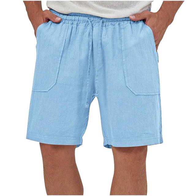 JUNWELL BLVB Cotton Linen Shorts for Men Casual Solid Color Drawstring Elastic Waist Summer Beach Shorts with Pockets