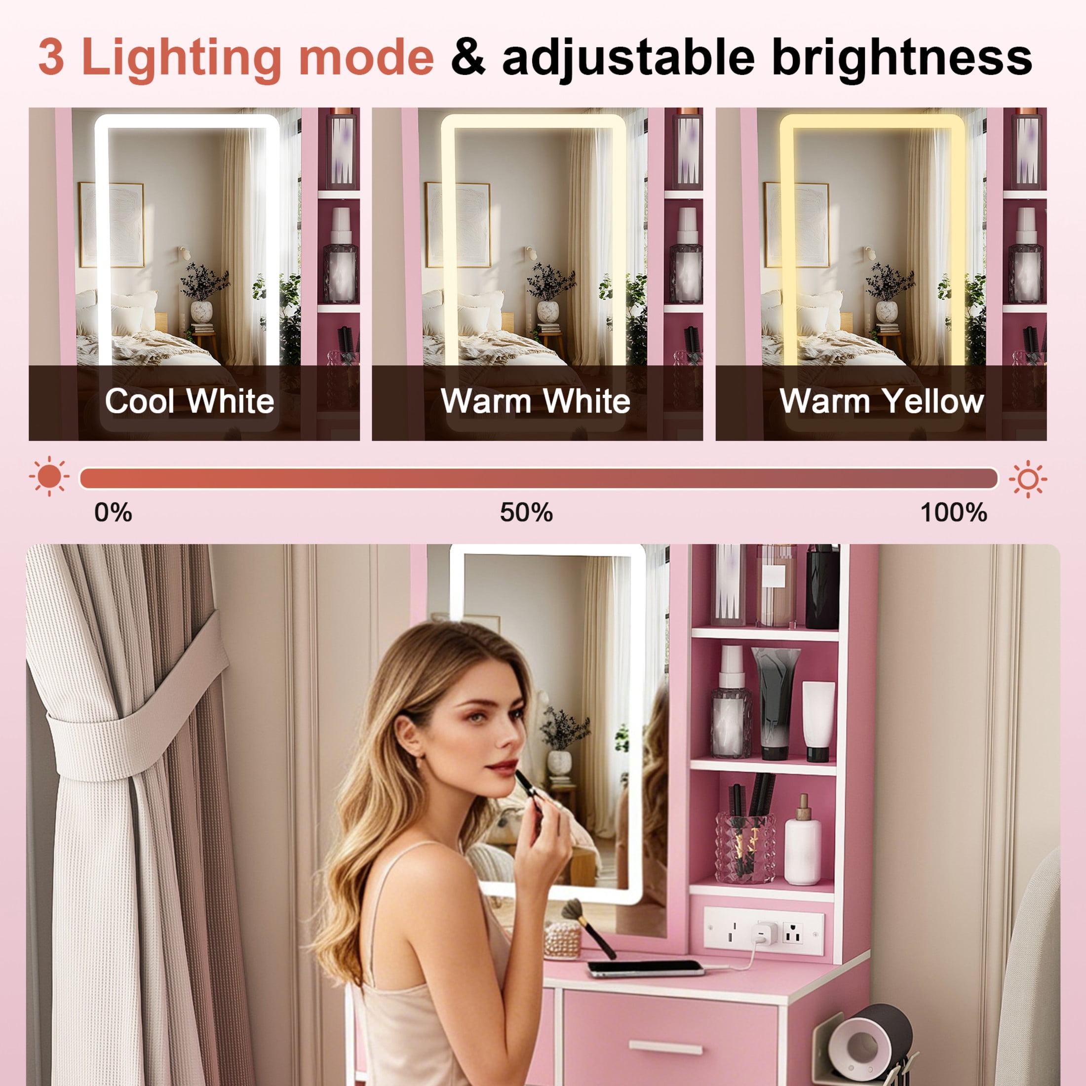 Noble House Makeup Vanity Desk with Stool, LED Mirror, Hidden Storage and Power Outlet, Pink