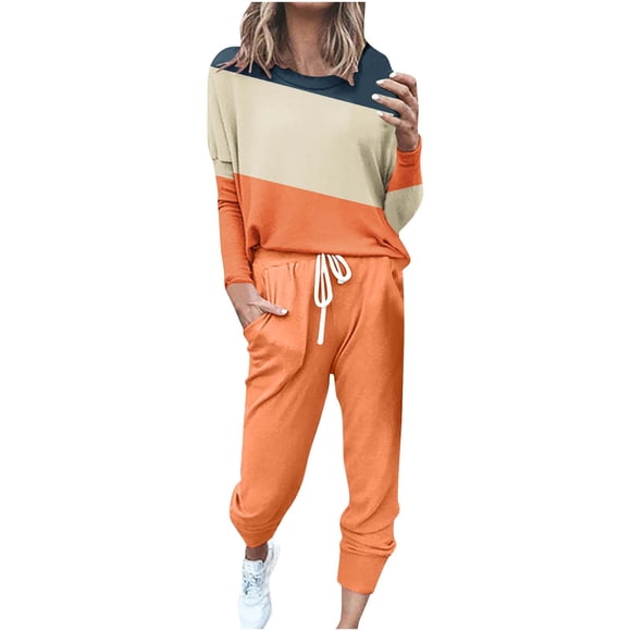 Fanixng Offres du Jour pour Femmes Automne Ensemble 2 Pcs Grande Taille Colorblock Col Rond Pulls Survêtements Coupe Ample Cordon Grand Pantalon Survêtement 2 Pcs