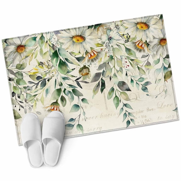 White Daisy Bathroom Mat 2x3 FT, Non Slip Small Kitchen Mat, Spring Floral Eucalyptus Leaves Summer Botanical Washable Soft Backed Front Door Throw Rug Indoor Outdoor Doormat for Entryway Sink