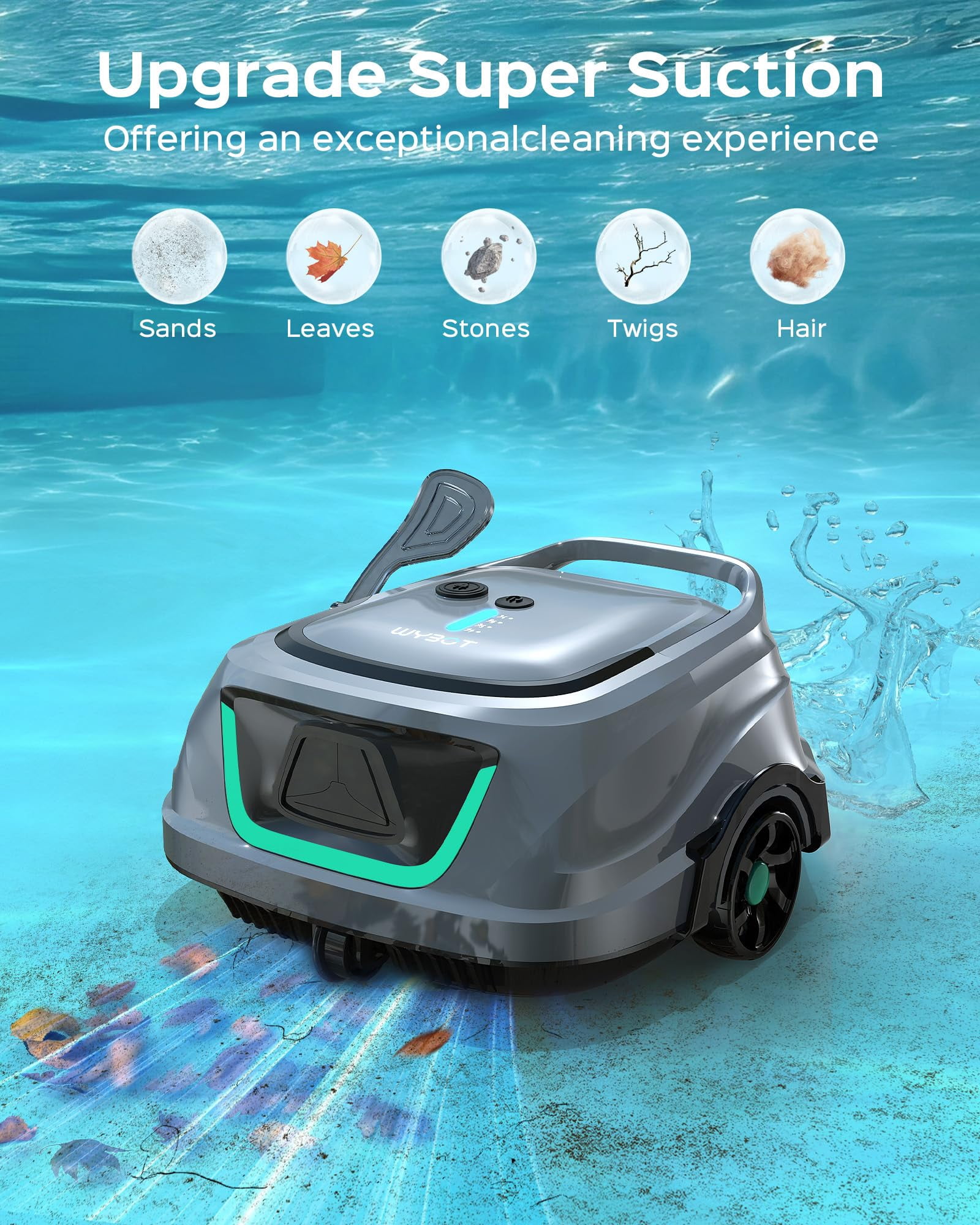 WYBOT A1 Cordless Robotic Pool Cleaner, Automatic Pool Vacuum for Above Ground Pools with 120 Mins, Double Filters, LED Indicator, Charge in 2.5H, 4 Cleaning Modes, Grey & Green
