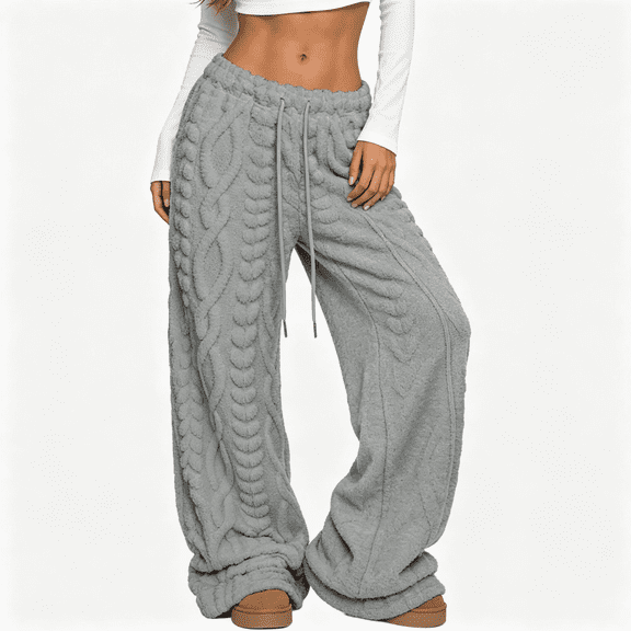 Womens Jacquard Fleece Pants Trendy Baggy Thick Warm Elastic Waist Drawstring Wide Leg Winter Pants Gray S-2XL