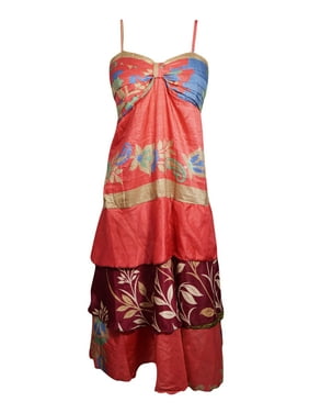 Mogul Women Floral Dress, Red Blue Layered Spaghetti Strap Beach Dress, Boho chic Recycled Sari Printed Sundress SM