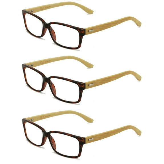 3 Pairs Geniune Bamboo Wood Temple Reading Glasses - Clear Lens Readers Men or Women 3.00