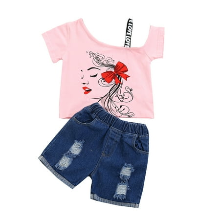 

Binpure Kids Floral Print Round Neck Short Sleeve Pullover+ Ripped Denim Shorts