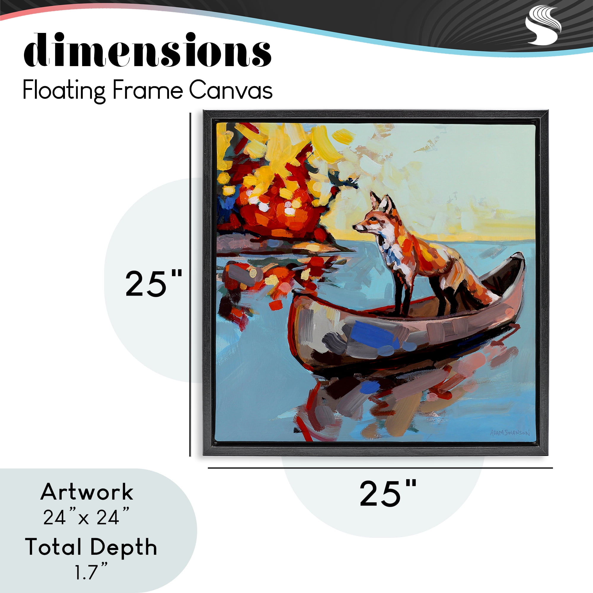 Fox's Voyage on Canoe Black Framed Floater Canvas Wall Art, design by Adam Swanson