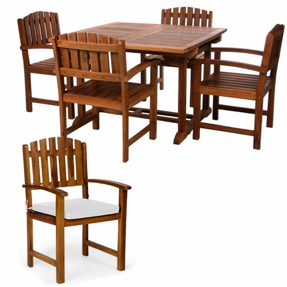 All Things Cedar TD72-20-W 5-Piece Teak Extension Patio Table Arm Chair Set | White Cushions - 50L x 50W x 29H