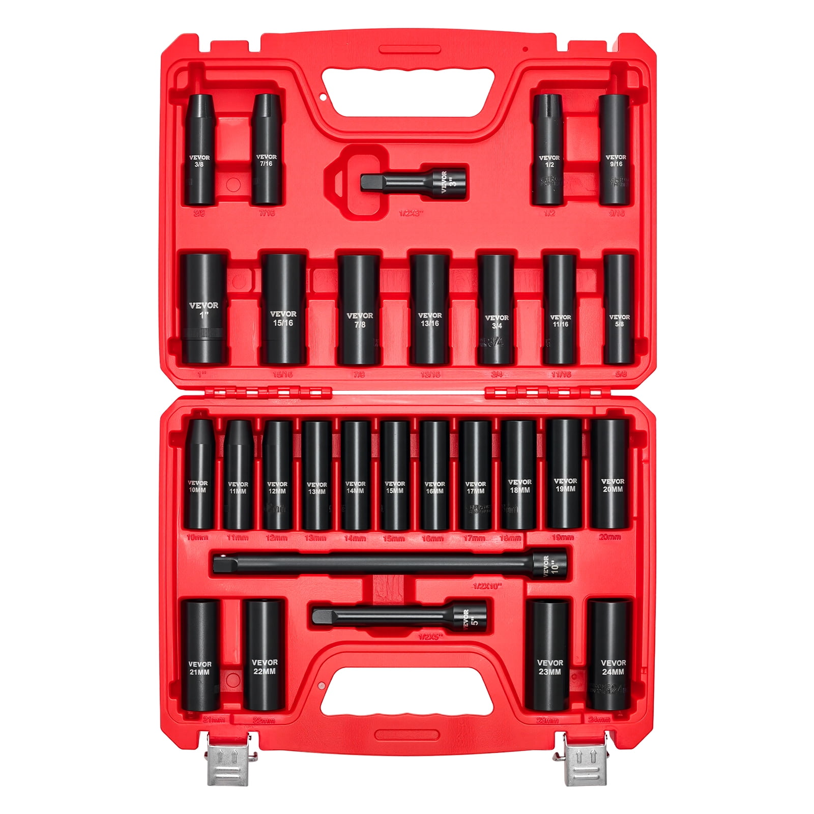 VEVOR 1/2 in Drive Impact Socket Set, 29 Piece, 6 Point Deep Impact Sockets, SAE (3/8 to 1 inch) and Metric (10 to 24 mm) Sizes with Extension Bars (3, 5, 10 in), Cr-V Steel, Heavy Duty Carrying Case