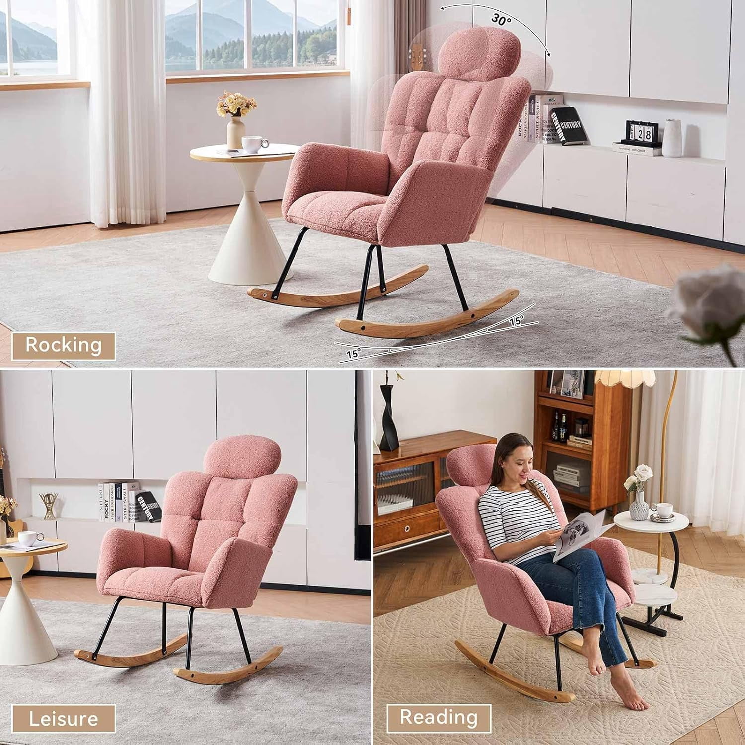 Nursery Rocking Chair - Teddy Fabric Upholstered Glider Rocking Chair with High Backrest & Pillow for Living Room & Bedroom - Easy Assembly Wood/Metal Base (Ivory)