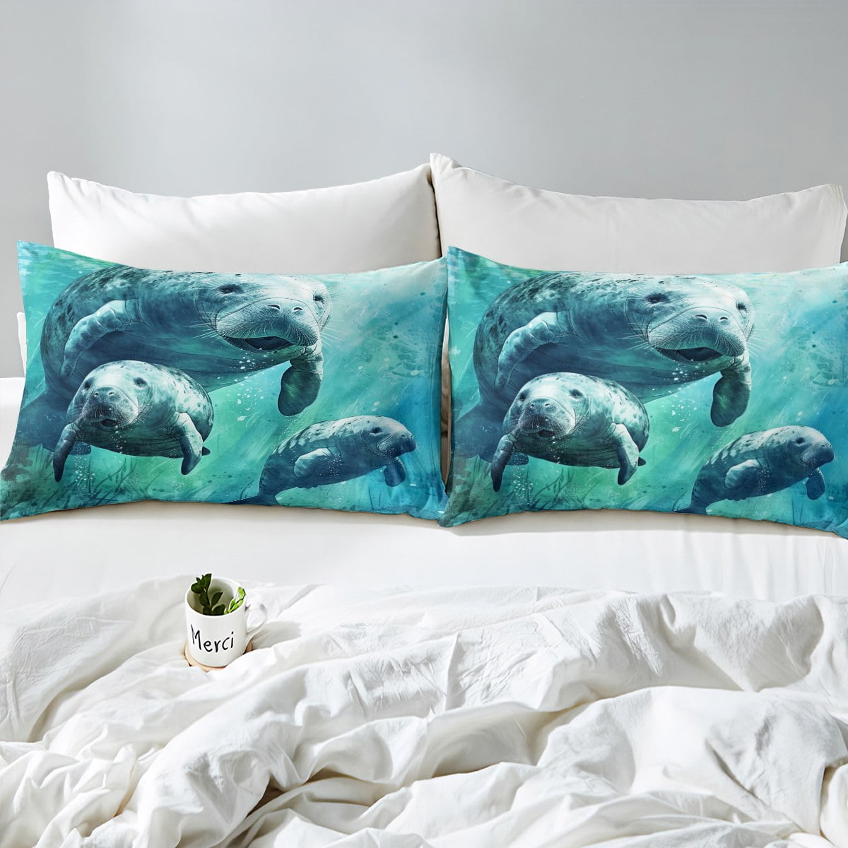 Erosebridal Manatee Bed Sheets Set King - Kawaii Marine Life Design, Blue Grey Microfiber - View #6
