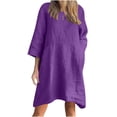 thumbnail image 2 of Liquidation d'Été 2025! Robe Grande Taille pour Femmes, Liquidation de Robe d'Été pour Femmes, Robe Décontractée à Manches 3/4 Col Rond Imitation Coton et Lin Couleur Unie avec Poches, 2 of 5