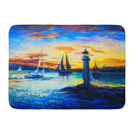 Fine Bath Light GODPOK Blue Abstract Original Oil Painting on Canvas Old Lighthouse Fine Modern Impressionism Green Acrylic Rug Doormat Bath Mat 23.6x15.7 inch ()