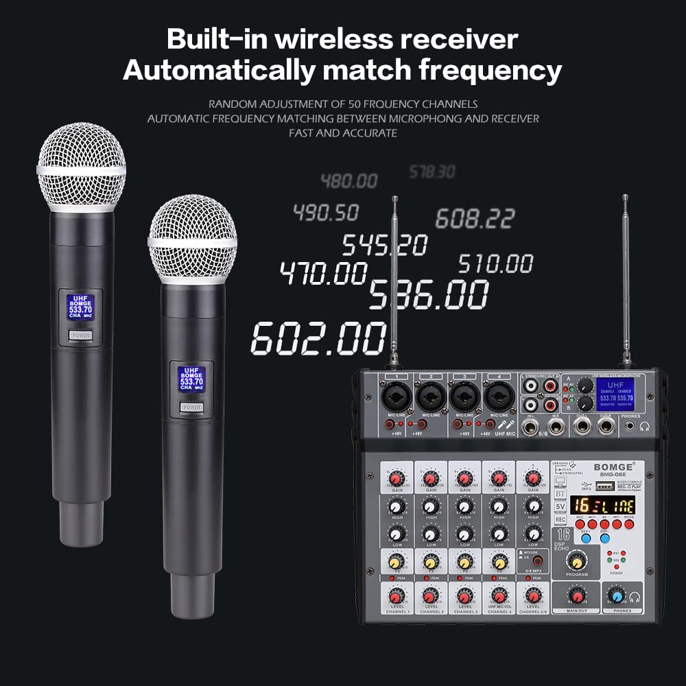 BOMGE 6 channel Audio DJ Console Mixer Soundcard with 2 Wireless Microphoneh,MP3,USB Bluetooth, 48V phantom for Home Studio Recording DJ Network Live Karaoke 16 Echo/Delay (06E-grey)
