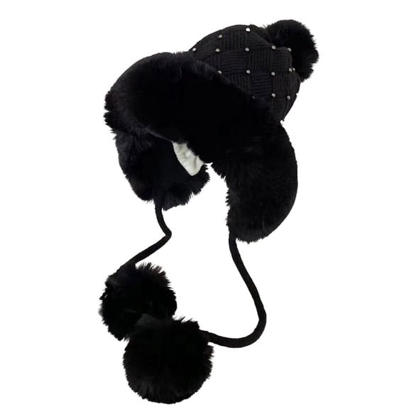 Yuanlong Womans Beanies Fluffy Knitted Solid Color Beanie Hats With Pom Pom Design Winter Windproof Thermal Earflap Cap