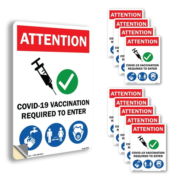 Covid-19 Vaccination Required to Enter Public Safety Vinyl Decal Label 14 Inch x 10 Inch - 10 Pack