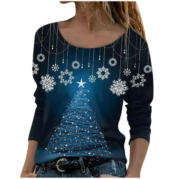 JINMGG Womens Plus Size T-Shirts Clearance,Women Long Sleeves Floral Casual Shirts Solid O-Neck Pullover Loose Tunic Tops Christmas Tree Print Round Neck Long Dleeve Blouse Blue XL