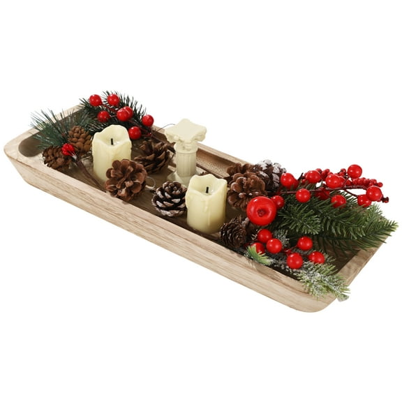 Decorative Wood Bowl, 16 inch Long WoodenTray Table Centerpiece Table Decorations Key Bowl for Entryway Dining Room Farmhouse Chirstmas Decor