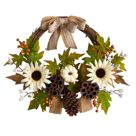 NearlyNatural W1250 Autumn Sunflower White Pumpkin & Dried Lotus Pod Artificial Fall Wreath with Decorative Bow