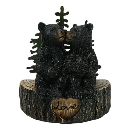 Rustic Black Bear Couple Kissing On Love Tree Ring with Pine Trees Figurine