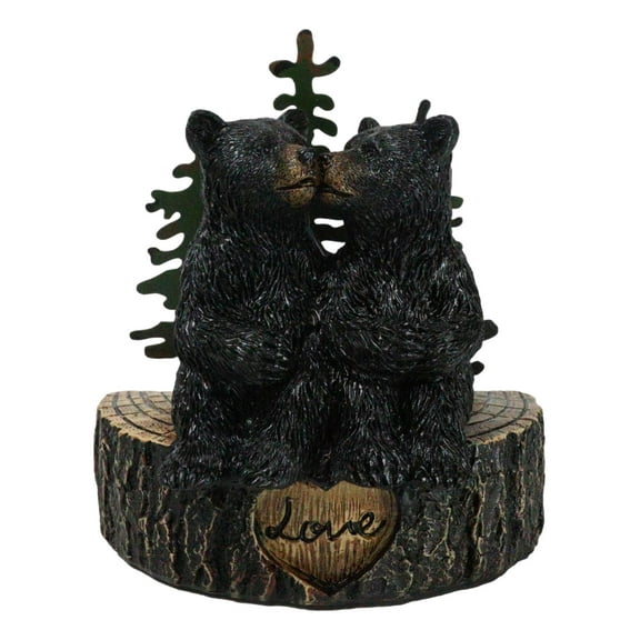 Rustic Black Bear Couple Kissing On Love Tree Ring with Pine Trees Figurine