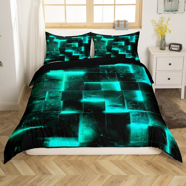 YST Housse de Couette Noire et Turquoise Simple Moderne Abstrait Ensemble de Literie Simple, Housse de Couette à Carreaux Lumineux 3D Dégradé Grille Ensemble de Lit, Literie Carrée Néon 2 Pcs (Noir Réversible)