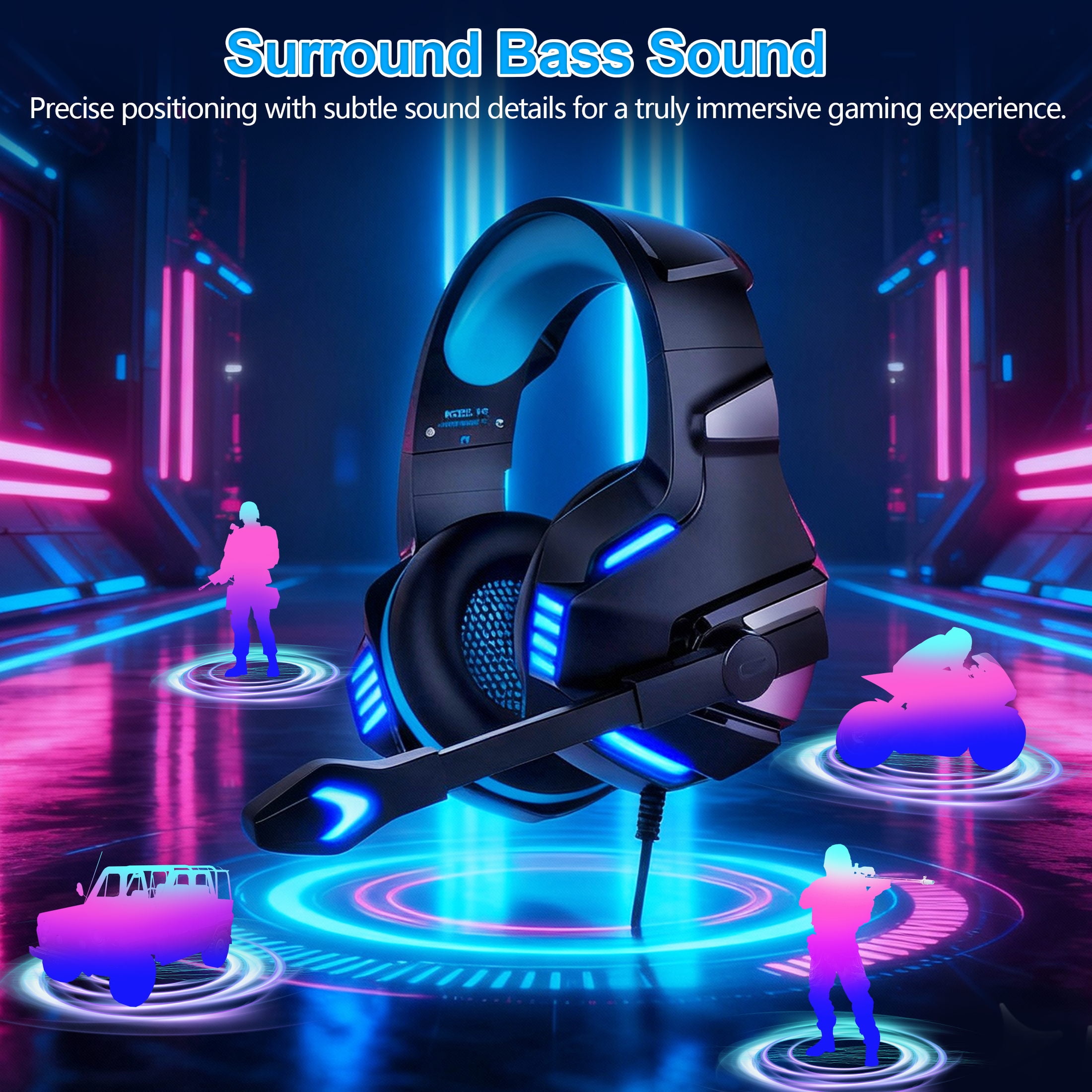 Wired Gaming Headset for PS5 PS4 PC Xbox One with Noise Cancelling Microphone, Over Ear Gaming Headphones Support Nintendo Xbox Series X|S - V3 Blue Black
