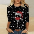 thumbnail image 2 of Hauts pour Femmes Flocon de Neige de Noël Verre de Vin Rouge Imprimé Col Rond Manches 3/4 Haut Décontracté T-Shirts Surdimensionnés pour Femmes Noir TTTTG, 2 of 4