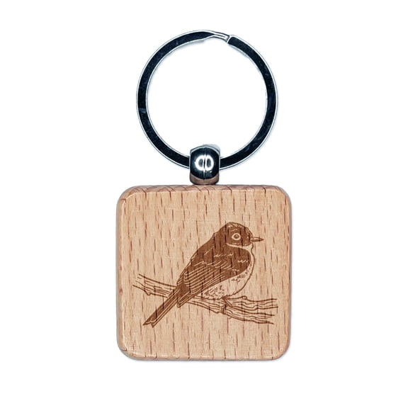 Phoebe Bird on a Branch Square Keychain Charm Tag - Engraved Wood