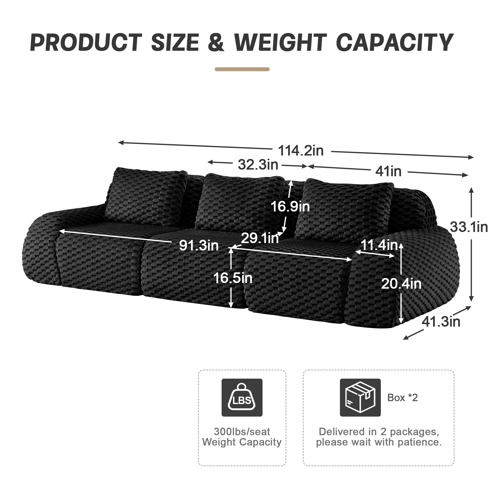 Alvantor 114" Cloud Modular Sectional Sofa Deep Seat Flannelette Boneless Couch for Living Room Bedroom Black