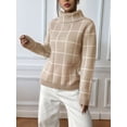 thumbnail image 5 of Women Fall High Neck Plaid Sweater Long Sleeve Loose Casual Chunky Checked Knit Winter Sweaters Jumper Tops Khaki S, 5 of 8