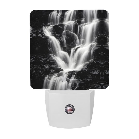 Gray Black Waterfall Night Light, Rushing Water Dark Rocks Realistic Style Plug in Night Lights with Dusk to Dawn Sensor, Energy Saving Black LED Nightlight for Bedroom Bathroom, Auto On/Off