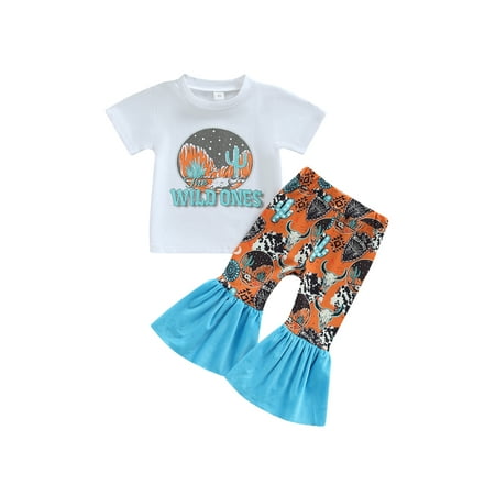 

Ma&Baby Toddler Baby Girls Cowgirl Outfit Summer Short Sleeve T-Shirt Cow Print Flared Pants 2Pcs Set