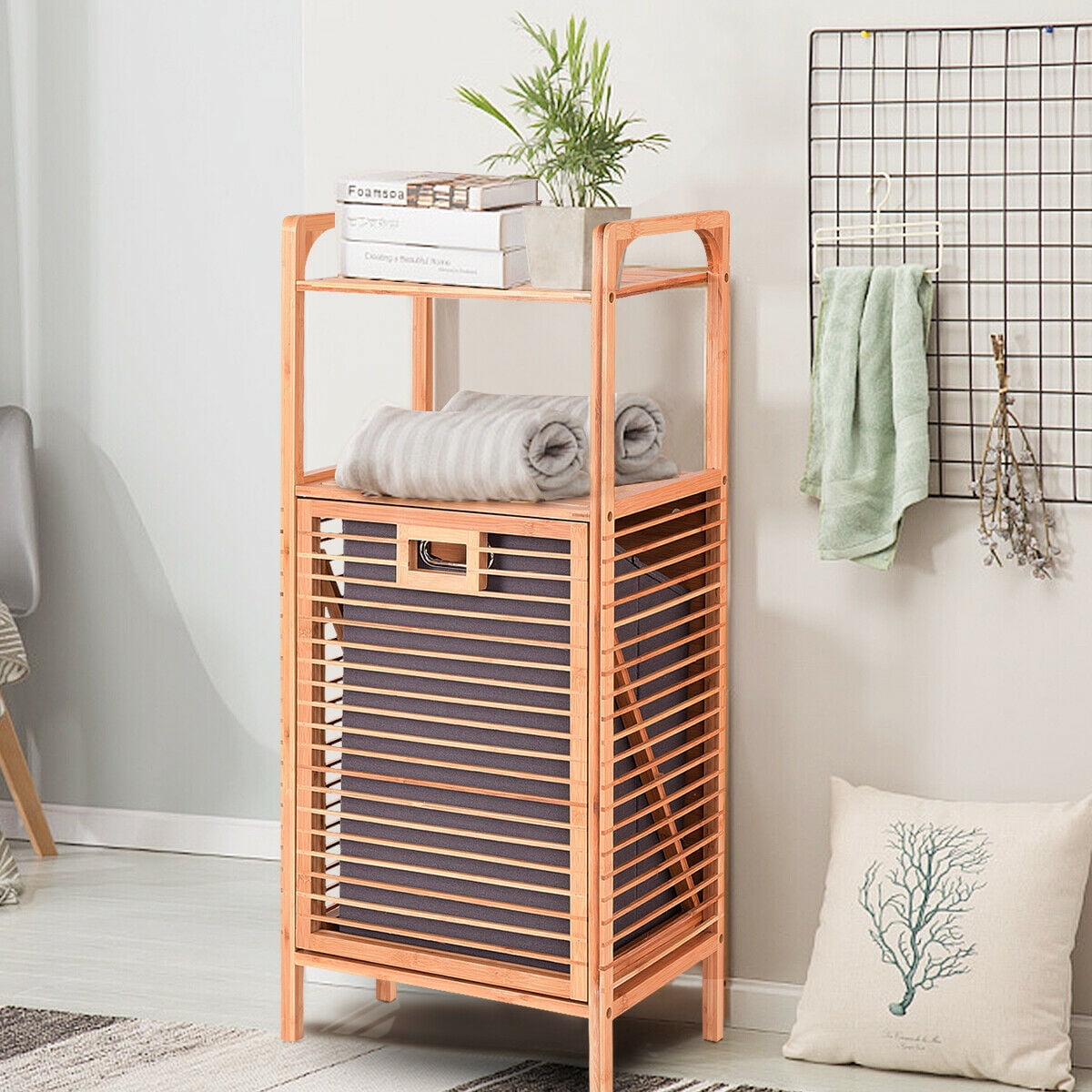 Bamboo Laundry Hamper Slat Frame Space Saving Storage Shelf w