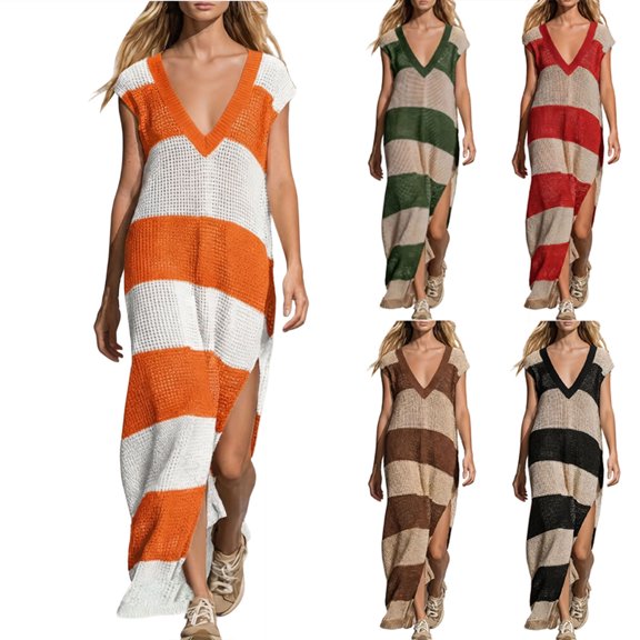 Noric Women's Striped Maxi Dresses V-Neck Short Sleeve Knit Cover Up Loose Fit Summer Beach Dresses with Side Slit