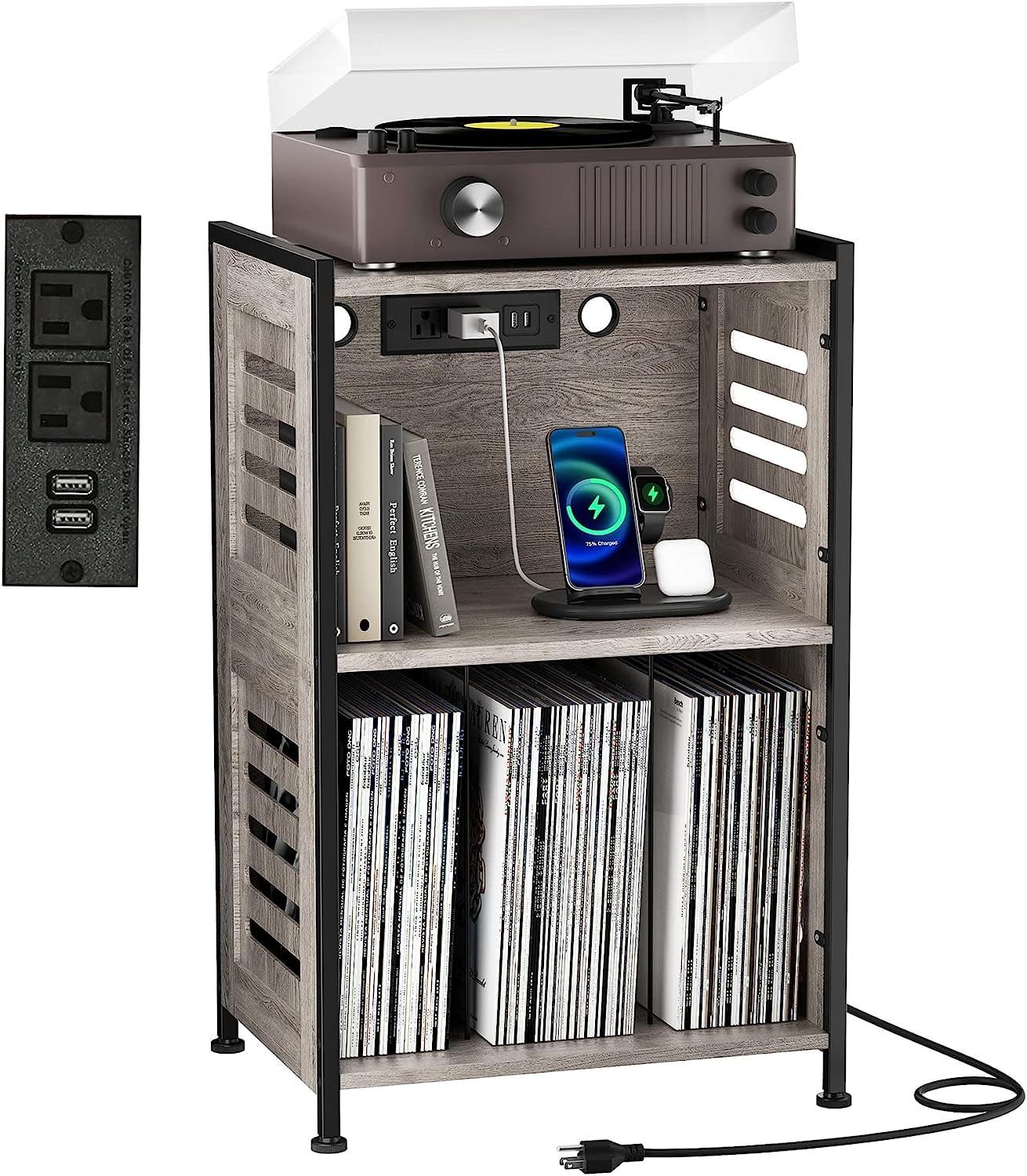 Y&M Record Player Stand, Vinyl Turntable Stand with Charging Station