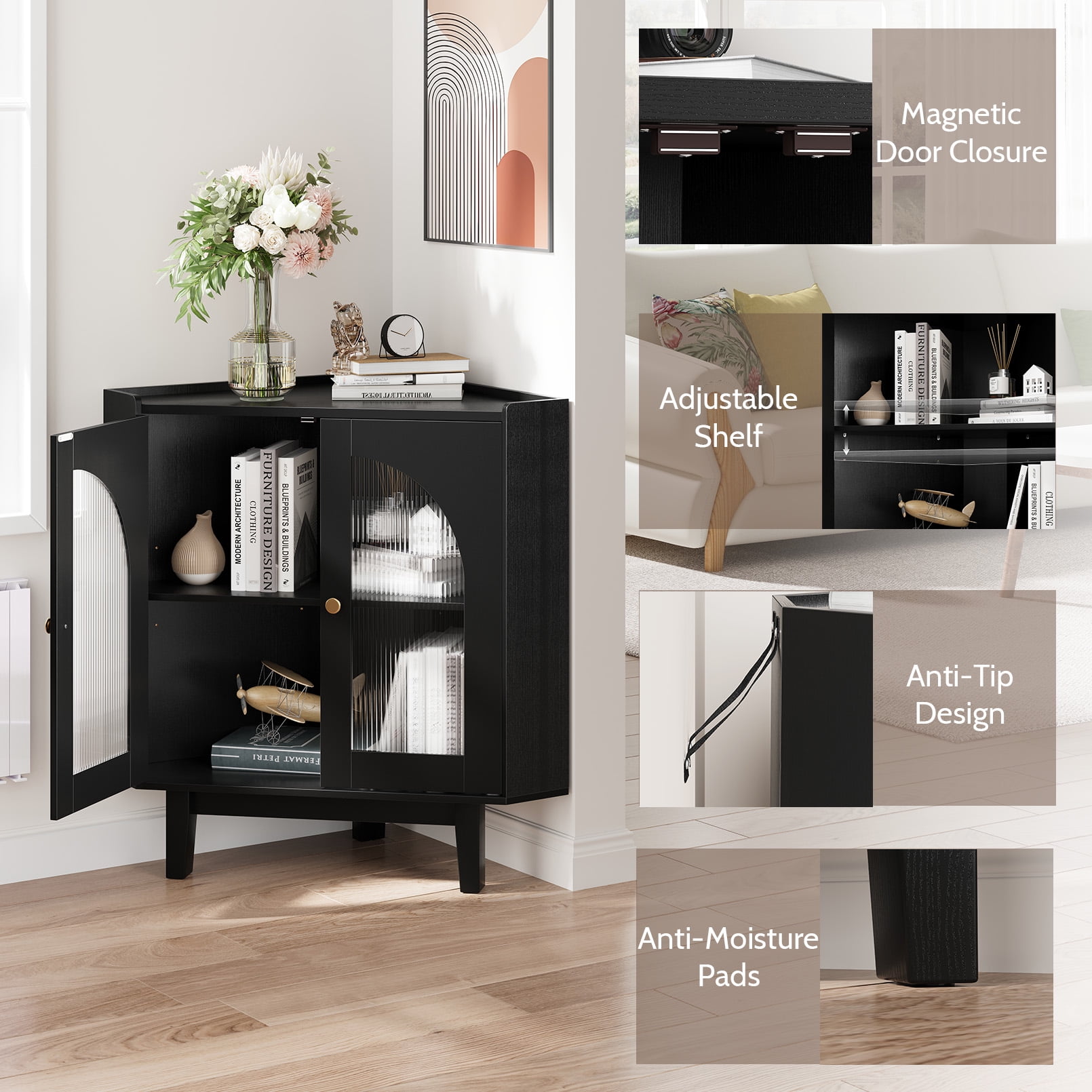 Vividwood Floor Corner Cabinet with Doors and Shelves, Fluted Storage Cabinet Freestanding Corner Cabinet for Bathroom, Kitchen, Living Room, Black