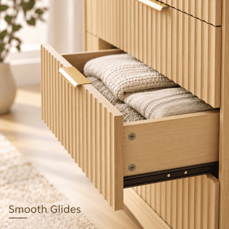 Lacoo 6 Drawer Dresser, 47'' Wide Fluted Dresser with Gold-Tone Handles, Wood Storage Chest with Smooth Glides, Modern Low Dresser for Bedroom, Living Room, Natural
