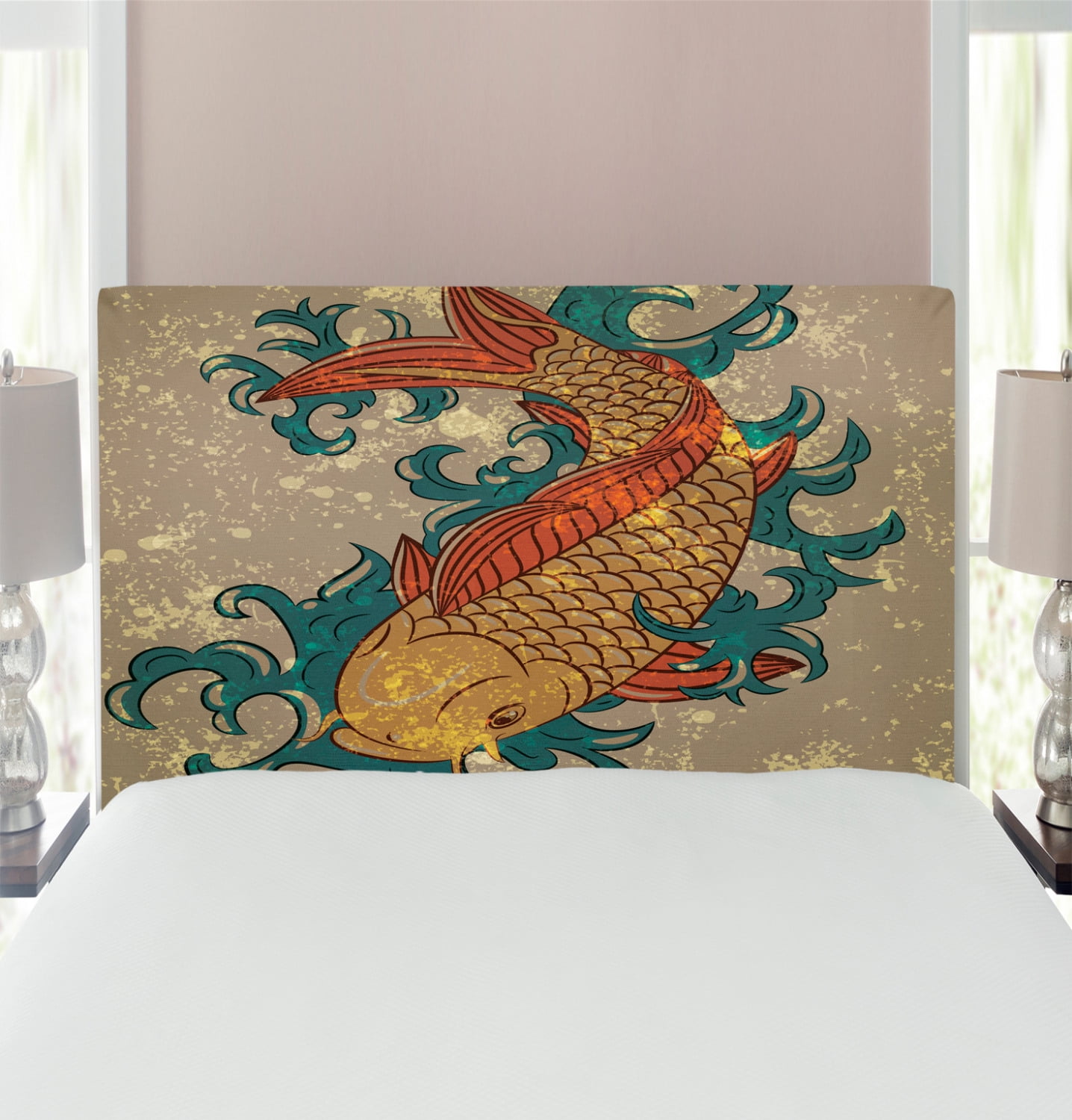 Japanese Headboard, Grunge Style Oriental Water Koi Carp Fish Aquatic