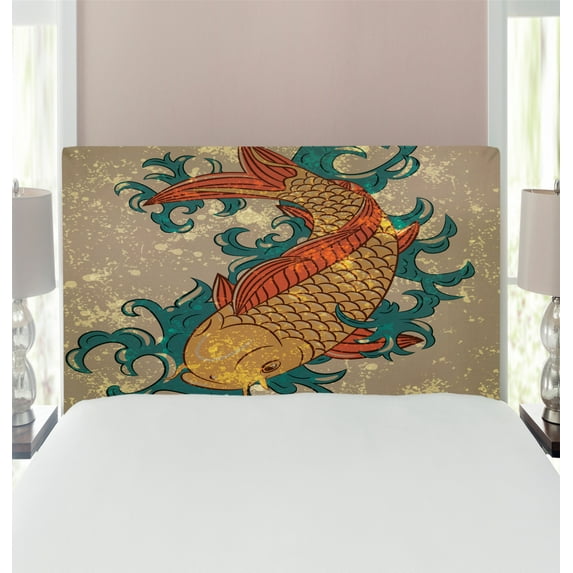 Japanese Headboard, Grunge Style Oriental Water Koi Carp Fish Aquatic Theme Distressed Pattern, Upholstered Decorative Metal Bed Headboard with Memory Foam, Twin Size, Multicolor, by Ambesonne