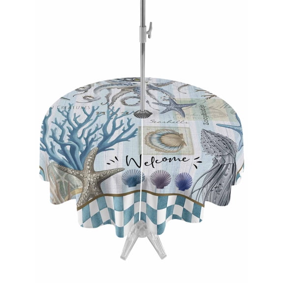 Outdoor Table Cloth with Umbrella Hole and Zipper, Blue Beach Coastal Waterproof Round Tablecloth 60 Inch, Nautical Seaside Coral Starfish Washable Table Cover for Outside Party Patio Picnic