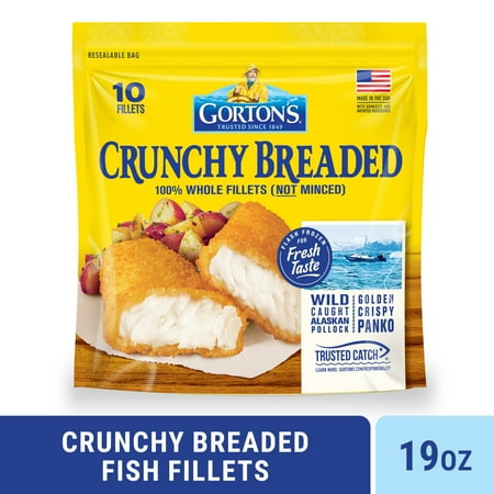 Gorton’s Crunchy Breaded Fish 100% Whole Fish Fillets (Not Minced), Wild Caught Alaskan Pollock with Crunchy Panko Breadcrumbs, Frozen, 10 Count, 19 Ounce Resealable Bag