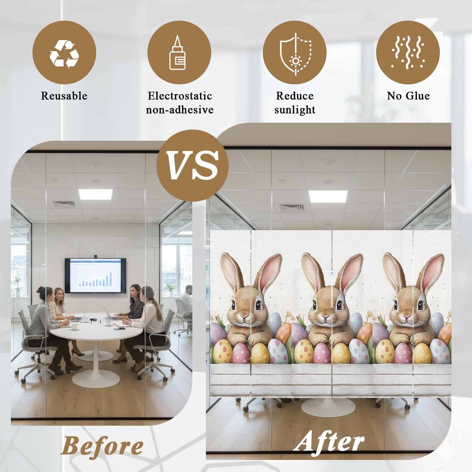 Easter Bunny Window Privacy Film, Cartoon Rabbit Purple Yellow Eggs Tulip Floral Leaf Frosted Glass Window Clings Static Cling UV Heat Blocking Reusable Door Sticker for Bedroom 23.6x78.7 Inch