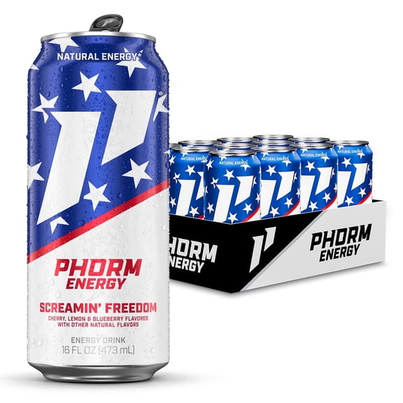 Phorm Sugar Free Energy Drink, Screamin' Freedom Flavor, 16 fl oz Cans, 12 Pack, 200mg Caffeine