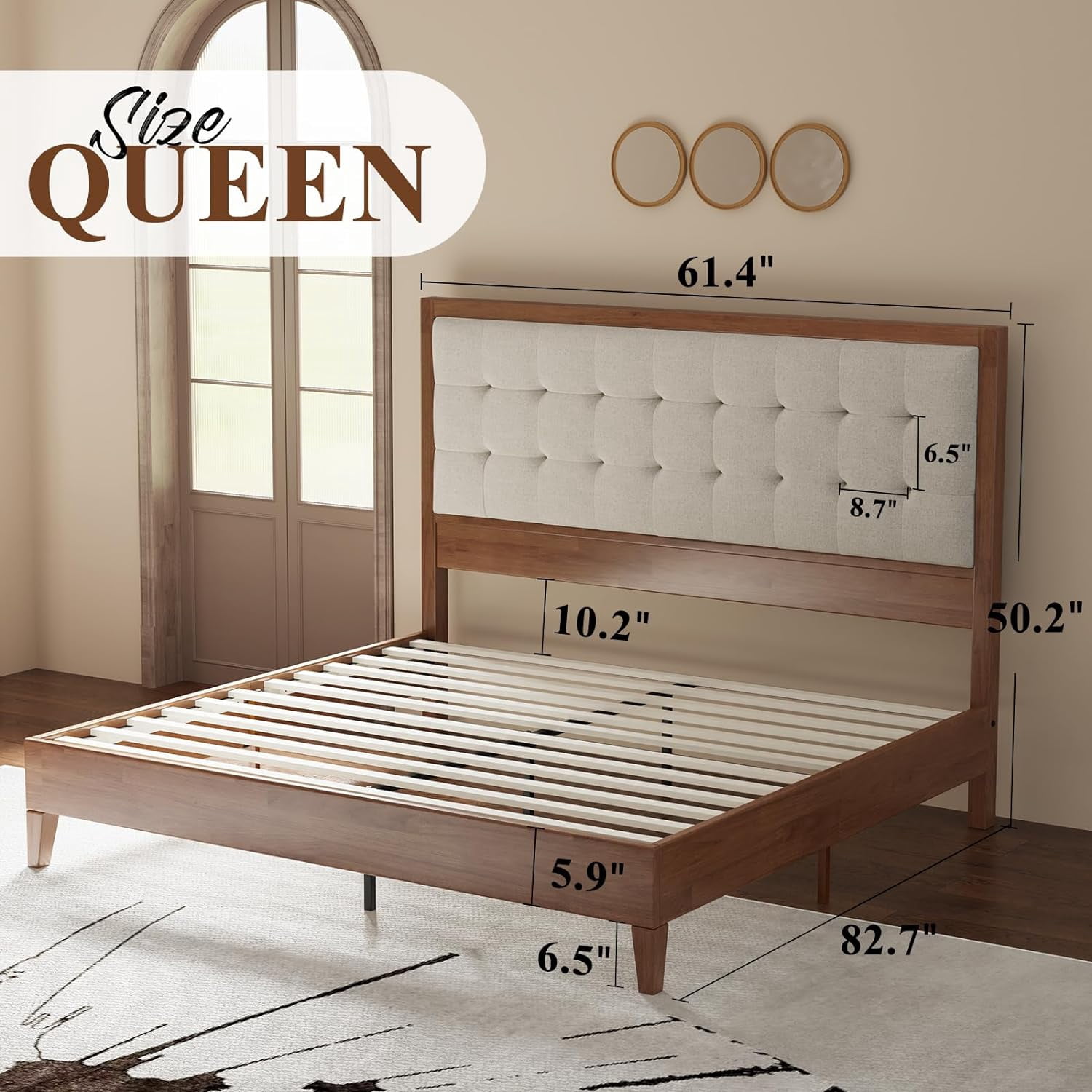 LUXOAK Queen Bed Frame, Wood Platform Bed with Upholstered Headboard, Walnut